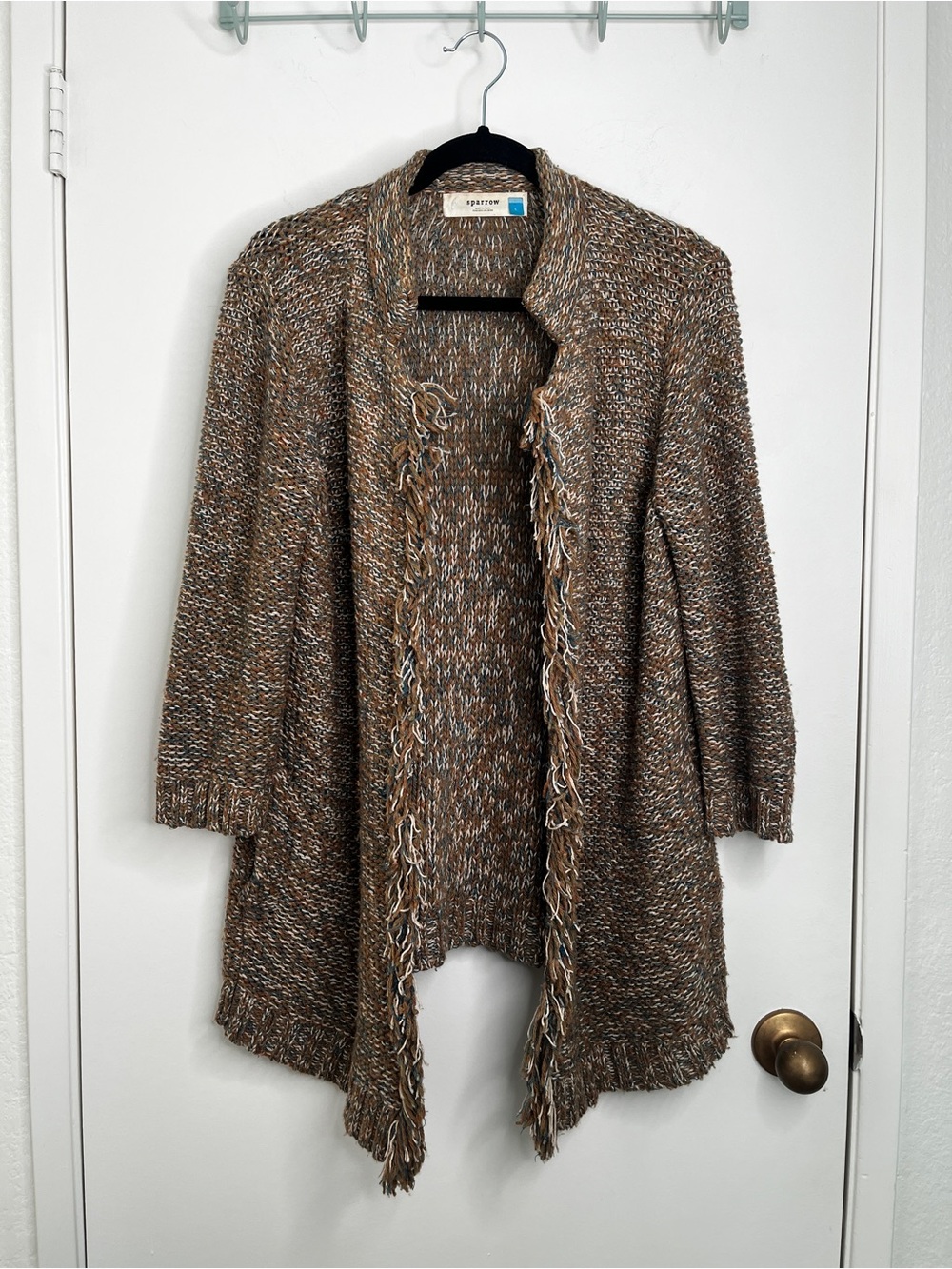 Anthropologie Sparrow Marled Peat Open Front Cardigan Linen Wool Blend L Fall